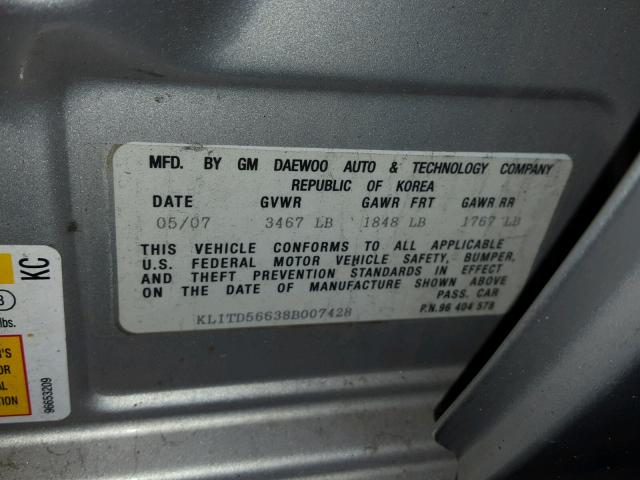 KL1TD56638B007428 - 2008 CHEVROLET AVEO BASE Srebrny zdjęcie 10