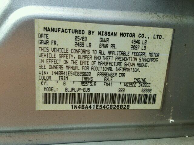 1N4BA41E54C826828 - 2004 NISSAN MAXIMA SE SILVER photo 10