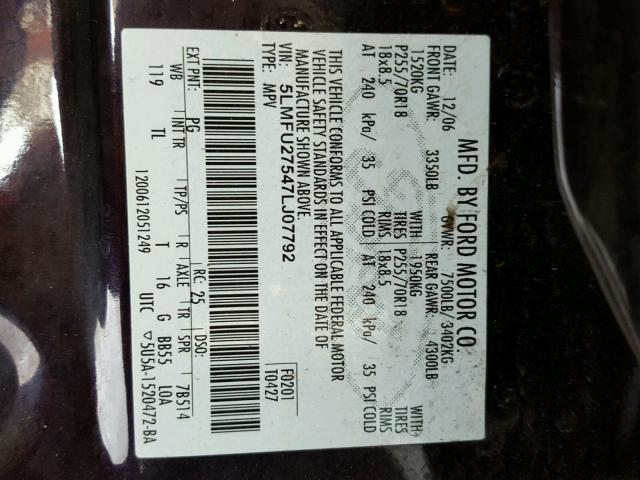 5LMFU27547LJ07792 - 2007 LINCOLN NAVIGATOR BLACK photo 10