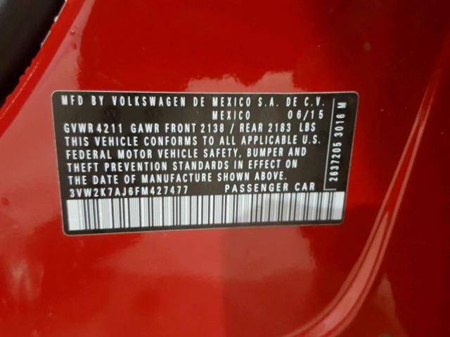 3VW2K7AJ6FM427477 - 2015 VOLKSWAGEN JETTA BASE 红色 照片 10