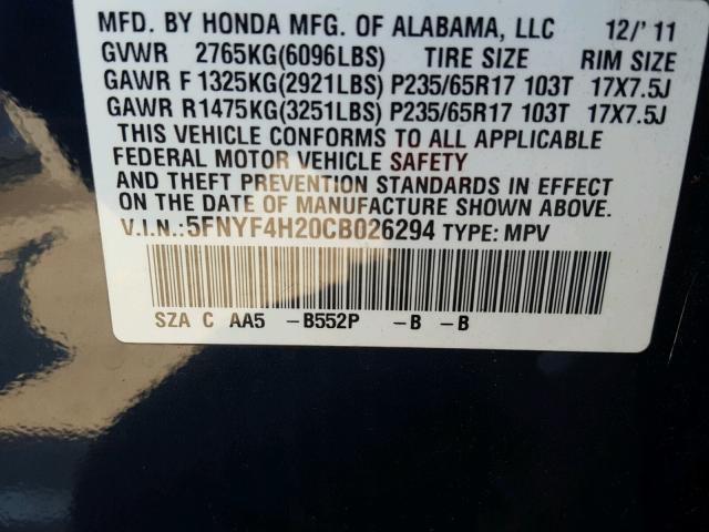 5FNYF4H20CB026294 - 2012 HONDA PILOT LX BLUE photo 10