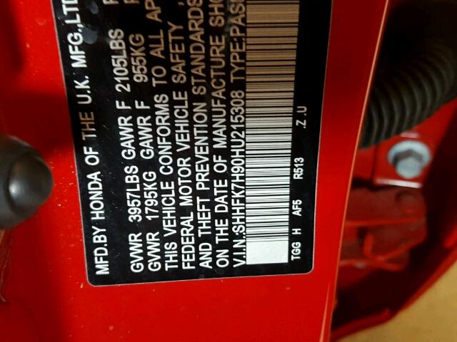 SHHFK7H90HU215308 - 2017 HONDA CIVIC SPOR RED photo 10