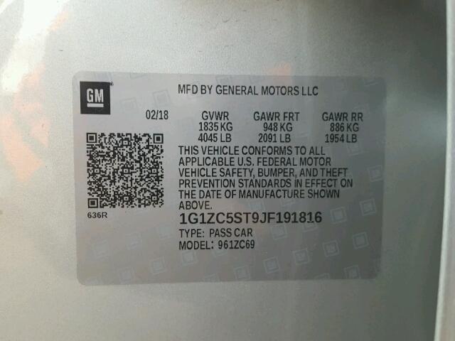 1G1ZC5ST9JF191816 - 2018 CHEVROLET MALIBU LS SILVER photo 10