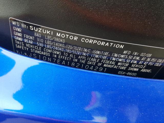 JS1GN7EA182104291 - 2008 SUZUKI GSX-R600 BLUE photo 10