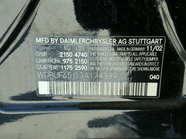 WDBUF65J13A174399 - 2003 MERCEDES-BENZ E 320 BLACK photo 10