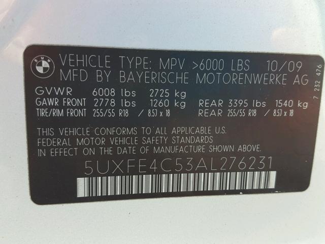 5UXFE4C53AL276231 - 2010 BMW X5 XDRIVE3 SILVER photo 10