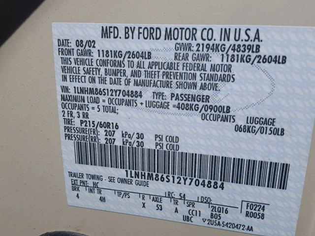 1LNHM86S12Y704884 - 2002 LINCOLN LS 米色 照片 10