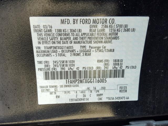 1FAHP2MTXGG116005 - 2016 FORD TAURUS POL BLACK photo 10