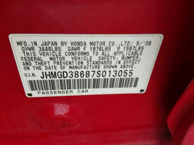 JHMGD38687S013055 - 2007 HONDA FIT S RED photo 10