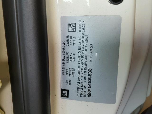 1G6DA1E31C0136068 - 2012 CADILLAC CTS WHITE photo 10