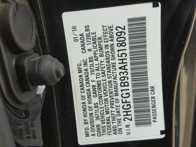 2HGFG1B93AH518092 - 2010 HONDA CIVIC EXL 黑色 照片 10