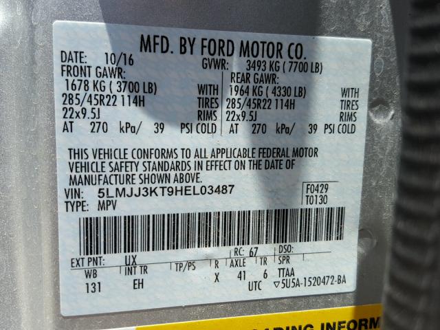 5LMJJ3KT9HEL03487 - 2017 LINCOLN NAVIGATOR SILVER photo 10