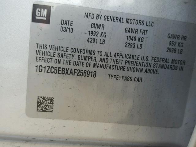 1G1ZC5EBXAF256918 - 2010 CHEVROLET MALIBU 1LT 银色 照片 10