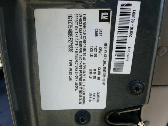 1G1ZT54835F271238 - 2005 CHEVROLET MALIBU LS 石墨色 照片 10