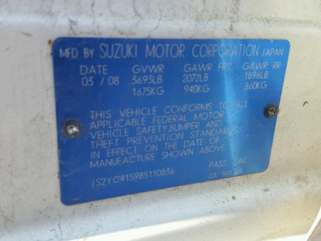 JS2YC415985110836 - 2008 SUZUKI SX4 CONVEN WHITE photo 10