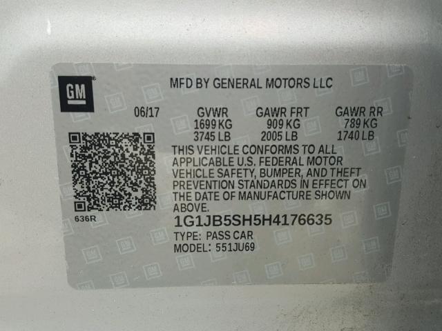 1G1JB5SH5H4176635 - 2017 CHEVROLET SONIC LS 银色 照片 10