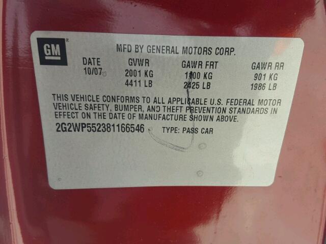2G2WP552381166546 - 2008 PONTIAC GRAND PRIX BURGUNDY photo 10
