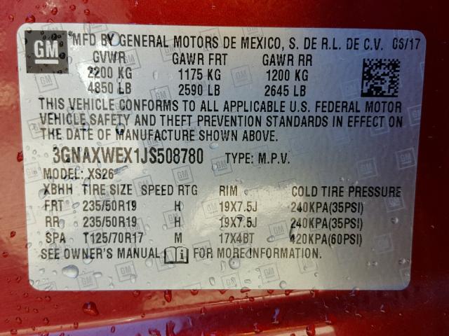 3GNAXWEX1JS508780 - 2018 CHEVROLET EQUINOX PR RED photo 10