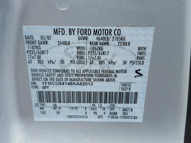 1FMCU94148KA82013 - 2008 FORD ESCAPE LIM GRAY photo 10