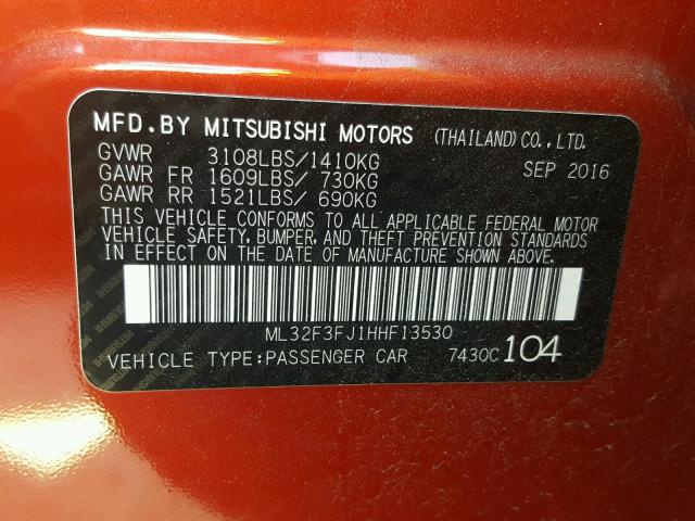 ML32F3FJ1HHF13530 - 2017 MITSUBISHI MIRAGE G4 RED photo 10