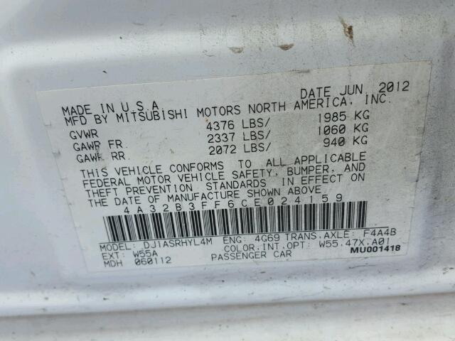 4A32B3FF6CE024159 - 2012 MITSUBISHI GALANT ES WHITE photo 10