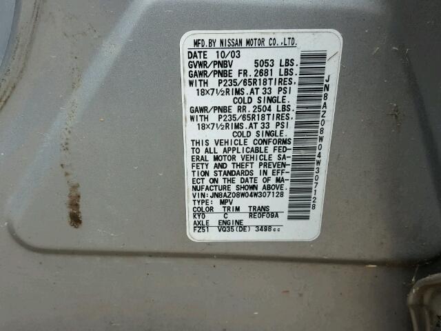 JN8AZ08W04W307128 - 2004 NISSAN MURANO SILVER photo 10