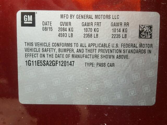 1G11E5SA2GF120147 - 2016 CHEVROLET MALIBU LIM BURGUNDY photo 10