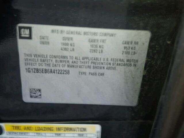 1G1ZB5EB6A4122258 - 2010 CHEVROLET MALIBU LS შავი ფოტო 10