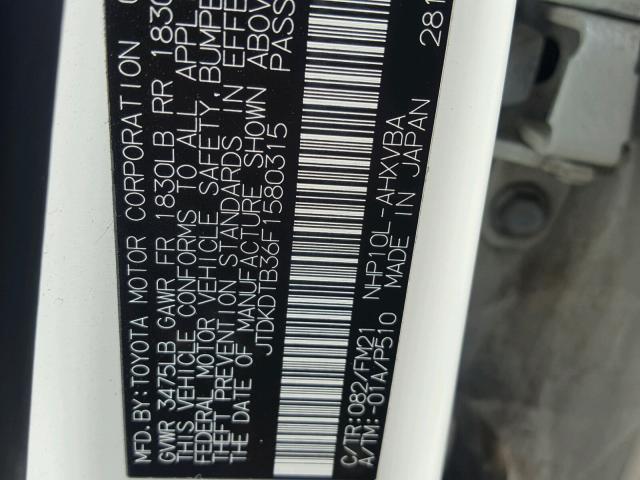 JTDKDTB36F1580315 - 2015 TOYOTA PRIUS C WHITE photo 10