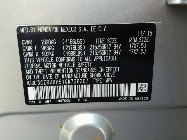 3CZRU6H51GM726207 - 2016 HONDA HR-V EX SILVER photo 10