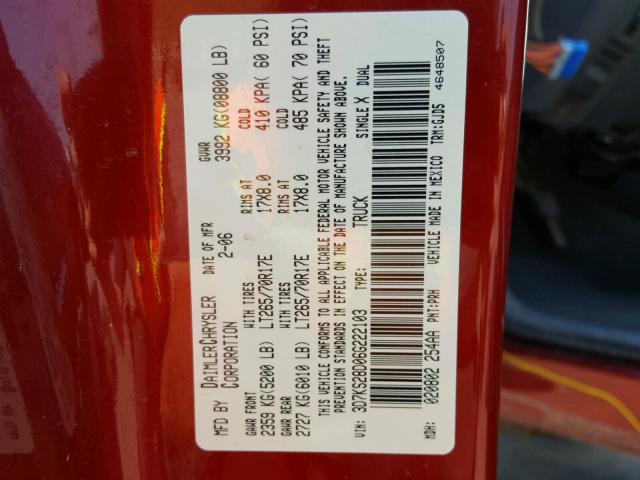 3D7KS28D06G222103 - 2006 DODGE RAM 2500 S RED photo 10