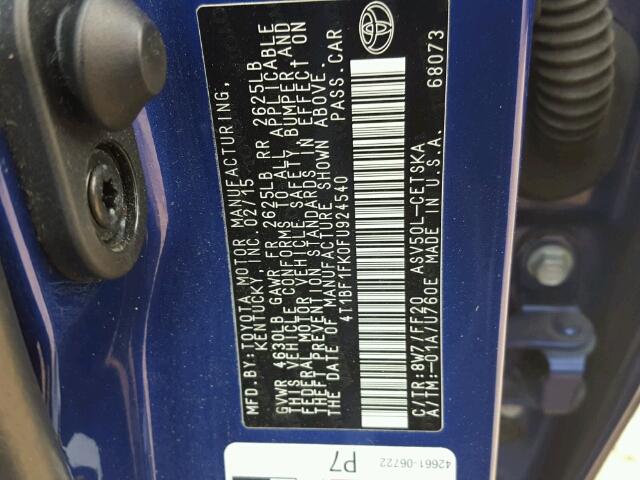 4T1BF1FK0FU924540 - 2015 TOYOTA CAMRY LE ლურჯი ფოტო 10