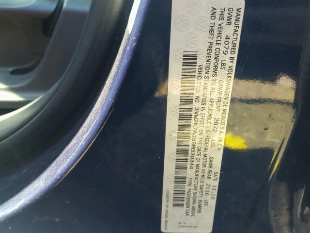 3VW2K7AJ3BM330344 - 2011 VOLKSWAGEN JETTA BASE 蓝色 照片 10