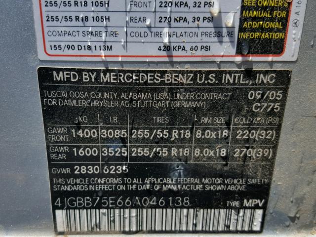 4JGBB75E66A046138 - 2006 MERCEDES-BENZ ML 500 SILVER photo 10