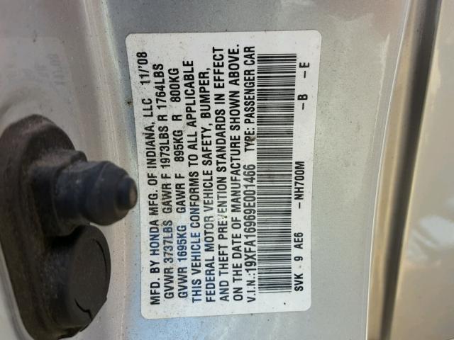 19XFA16969E001466 - 2009 HONDA CIVIC EXL 银色 照片 10