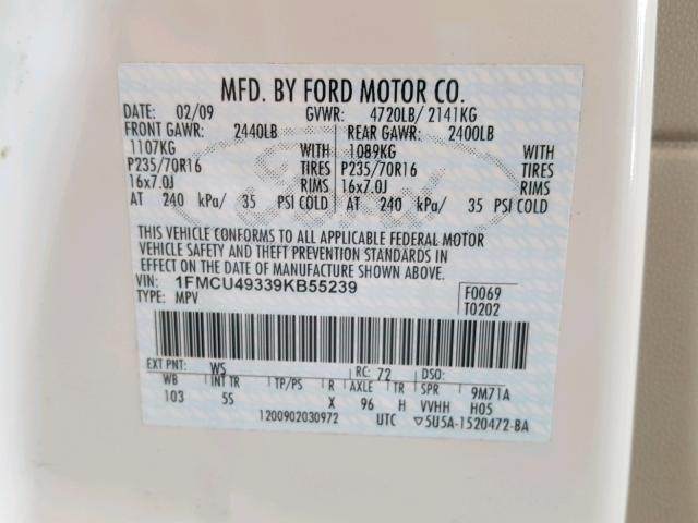 1FMCU49339KB55239 - 2009 FORD ESCAPE HYB WHITE photo 10