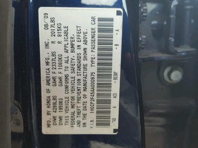 1HGCP2F45AA000975 - 2010 HONDA ACCORD LXP BLUE photo 10