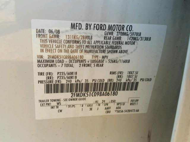 2FMDK51C09BA06180 - 2009 FORD FLEX SE WHITE photo 10