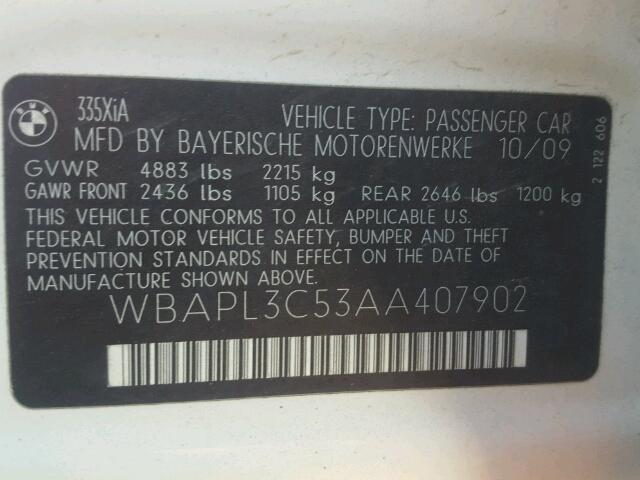WBAPL3C53AA407902 - 2010 BMW 335 XI Blanc photo 10