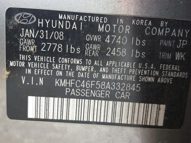 KMHFC46F58A332845 - 2008 HYUNDAI AZERA SE GRAY photo 10