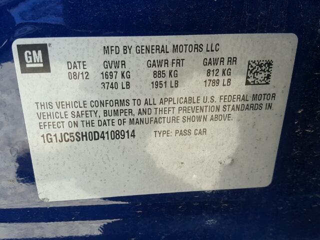 1G1JC5SH0D4108914 - 2013 CHEVROLET SONIC LT BLUE photo 10