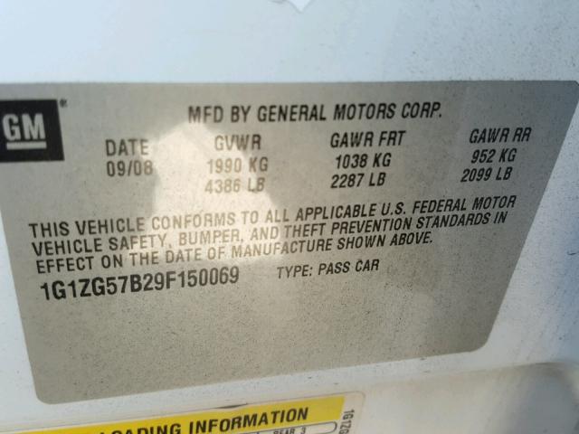 1G1ZG57B29F150069 - 2009 CHEVROLET MALIBU LS 白色 照片 10