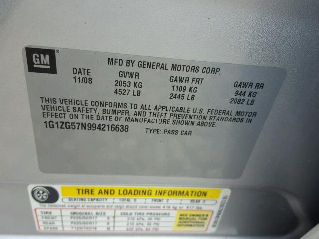 1G1ZG57N994216638 - 2009 CHEVROLET MALIBU LS ვერცხლისფერი ფოტო 10