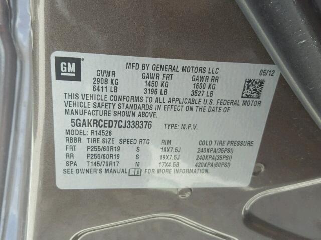 5GAKRCED7CJ338376 - 2012 BUICK ENCLAVE GRAY photo 10