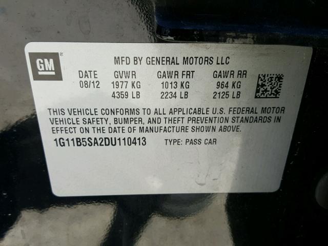 1G11B5SA2DU110413 - 2013 CHEVROLET MALIBU LS შავი ფოტო 10