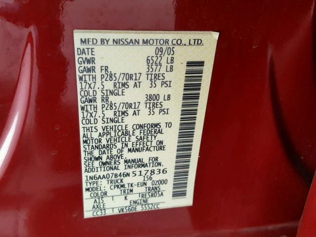 1N6AA07B46N517836 - 2006 NISSAN TITAN XE RED photo 10