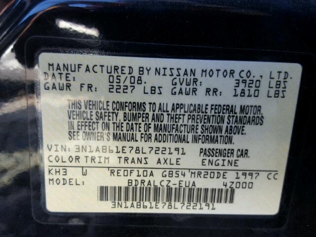 3N1AB61E78L722191 - 2008 NISSAN SENTRA 2.0 BLACK photo 10