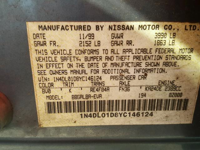 1N4DL01D8YC146124 - 2000 NISSAN ALTIMA XE GRAY photo 10