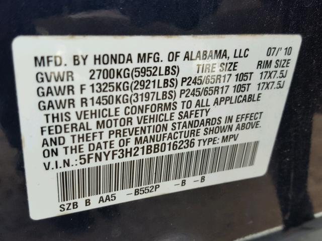 5FNYF3H21BB016236 - 2011 HONDA PILOT LX BLUE photo 10