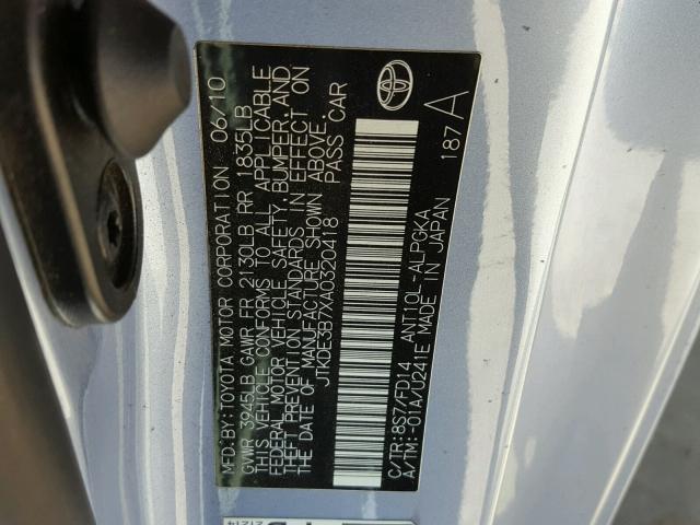 JTKDE3B7XA0320418 - 2010 TOYOTA SCION TC 蓝色 照片 10